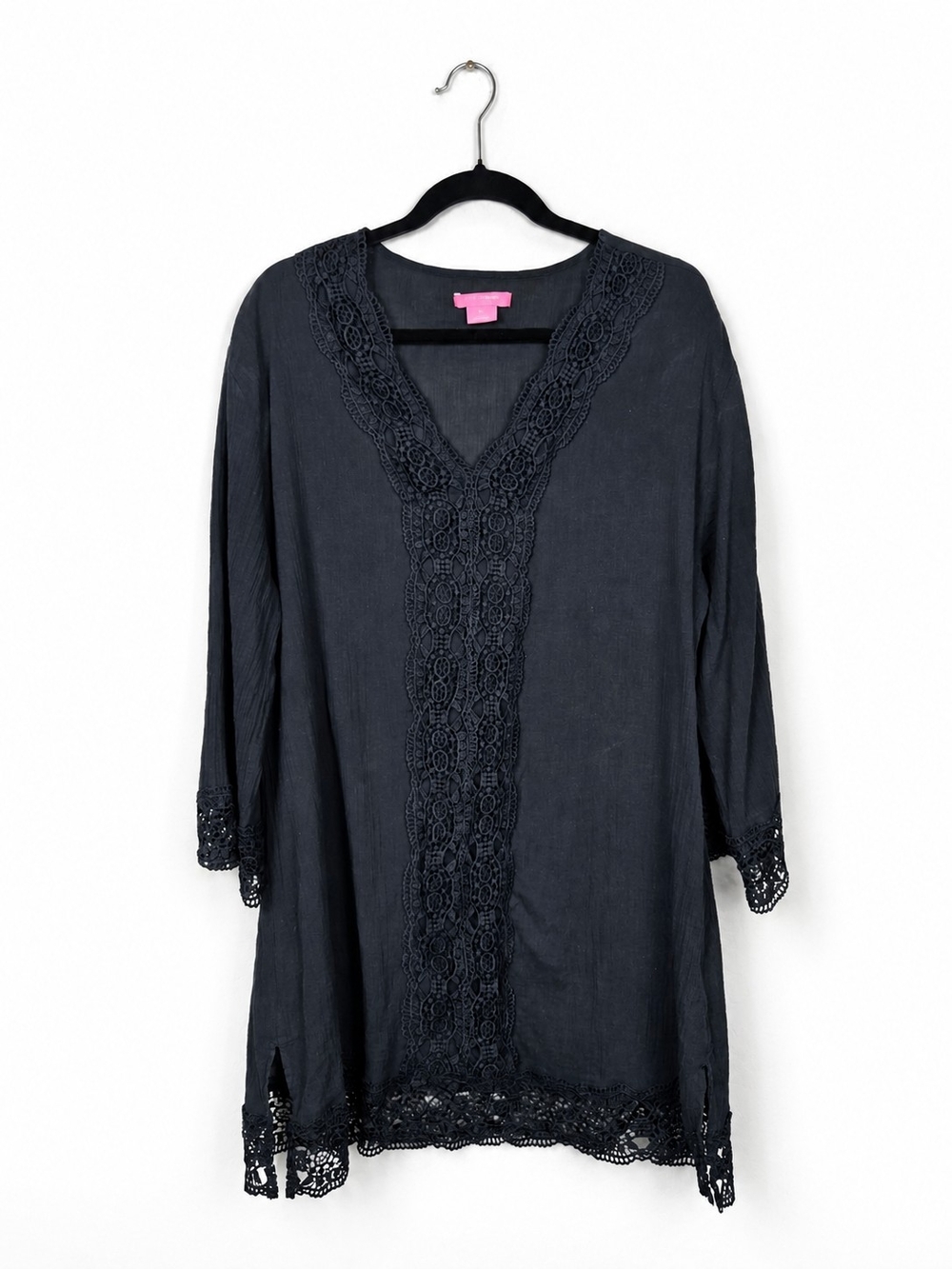 Isaac Mizrahi Black Gauze Lace Tunic Cover Up Boho Beach XL Cotton